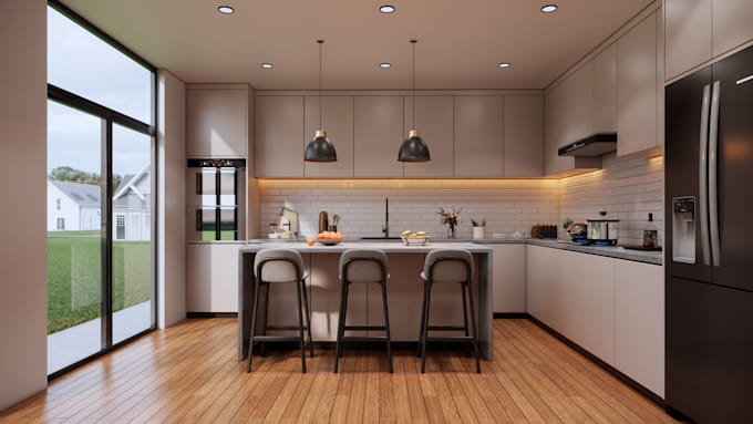 create a functional kitchen interior design ,rendering by an architect