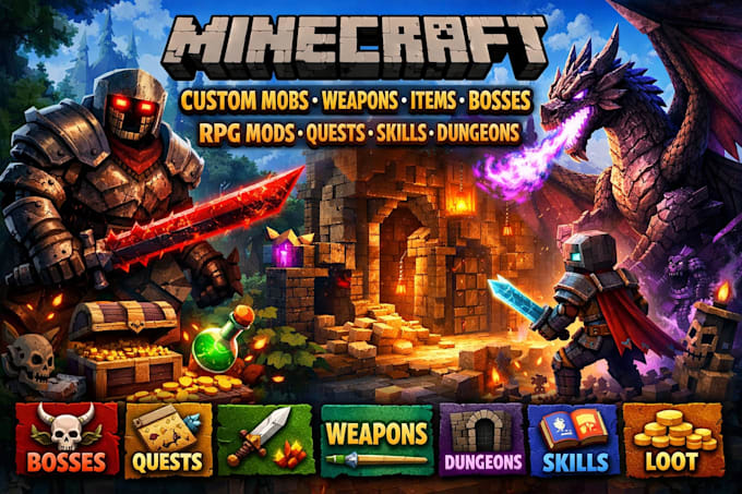 Create minecraft custom mobs weapon items bosses rpg mods quests skills ...