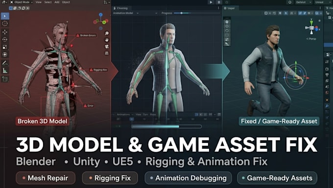 fix blender game 3d character model fps unity ue5 errors mesh rig animation