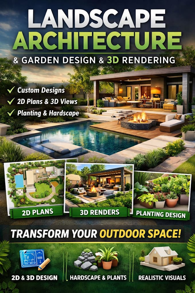 do landscape architecture, garden design, and 3d rendering