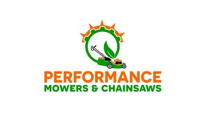 make clever lawn care logo with performance mowers chainsaws