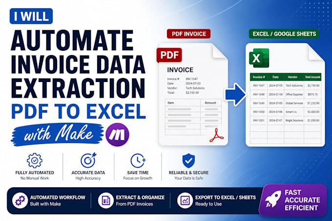 automate PDF invoice data extraction to excel using make