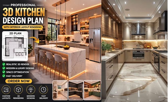 do kitchen 3d design plan with interior layout rendering