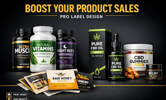 design supplement label packaging, product label, cbd label, bottle label design