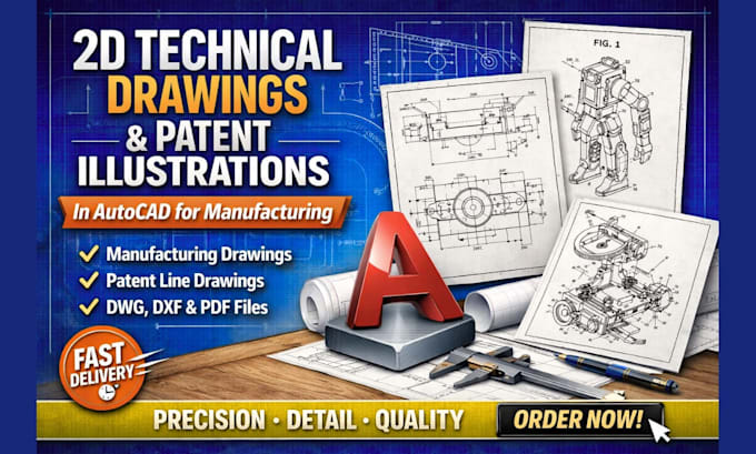 create 2d technical drawings, patent line drawing for manufacturing in autocad
