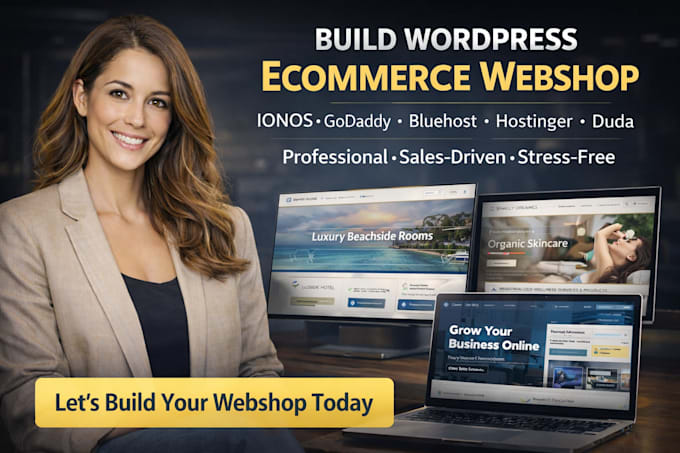 build webshop wordpress ecommerce website ionos godaddy bluehost hostinger duda
