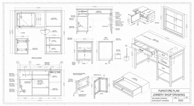 design furniture plan, millwork drawing, joinery shop drawing