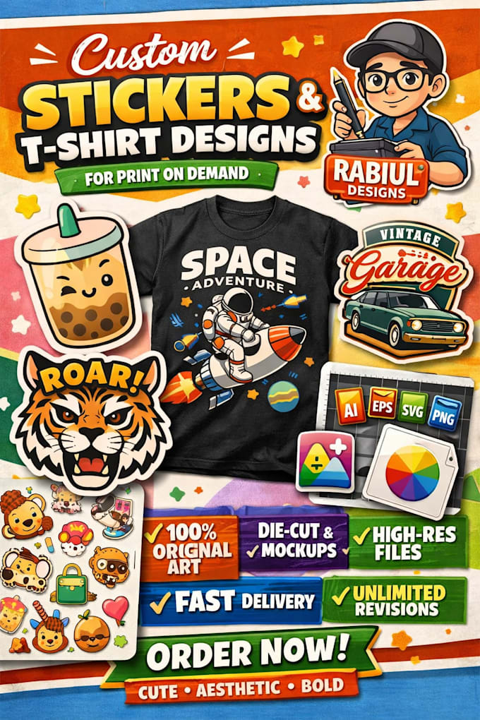 Sticker Style Shirt Design Design custom stickers and t shirt designs for print on demand by ...