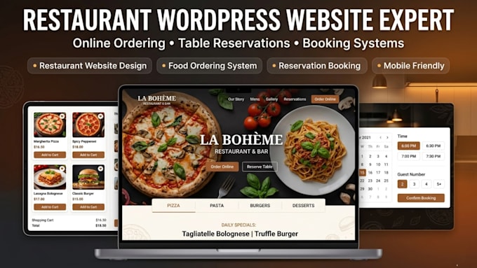 design wordpress restaurant website online ordering reservation booking website