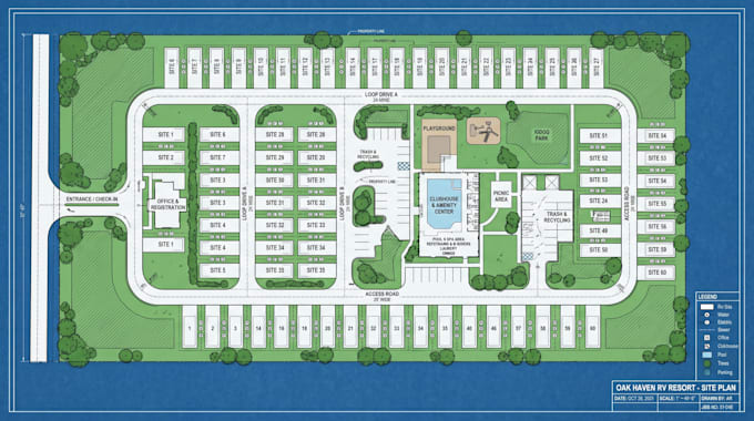design rv park site plan, campground layout, and property map design