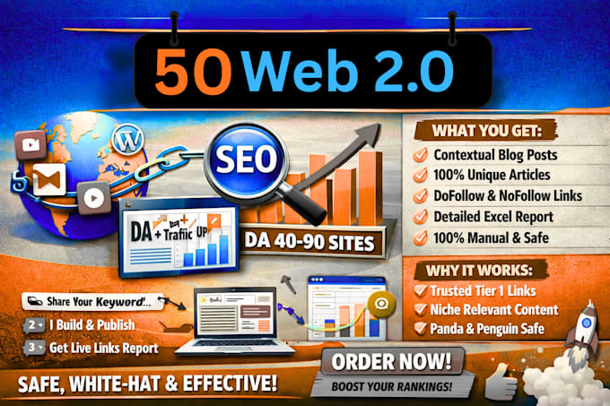 build 50 manual white hat SEO friendly web 2 0 backlinks using high da sites