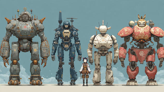 do anime style mecha robot illustrations