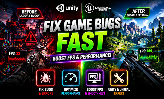 fix unity game or unreal engine bugs, boost fps fast, optimize performance