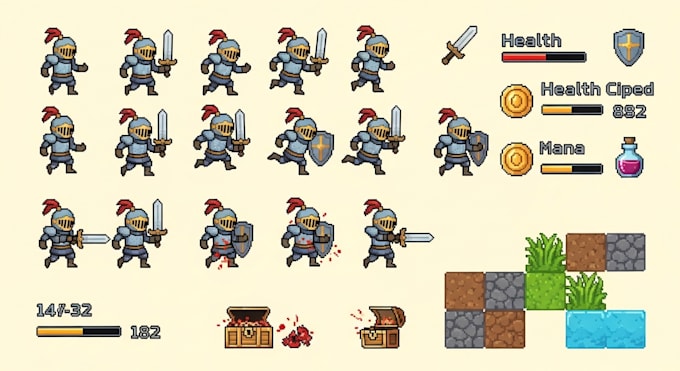 design pixel art character sprite and game assets