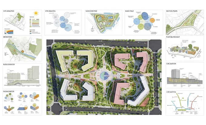 design architectural diagrams, site analysis and master plan renders
