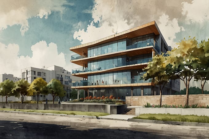 Sketch architecture building with watercolor rendering by Daphovan | Fiverr