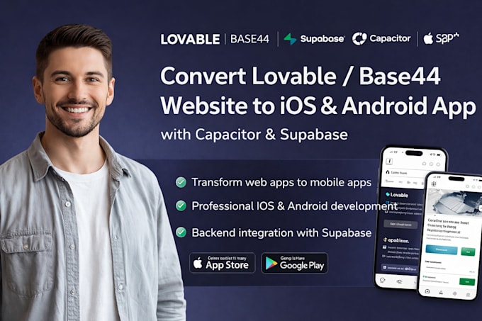 convert lovable base44 website to ios and android app with capacitor, supabase