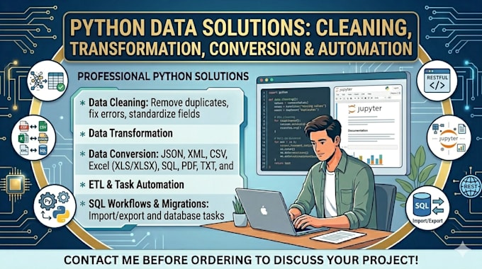 automate excel, csv, xml, json data tasks using python