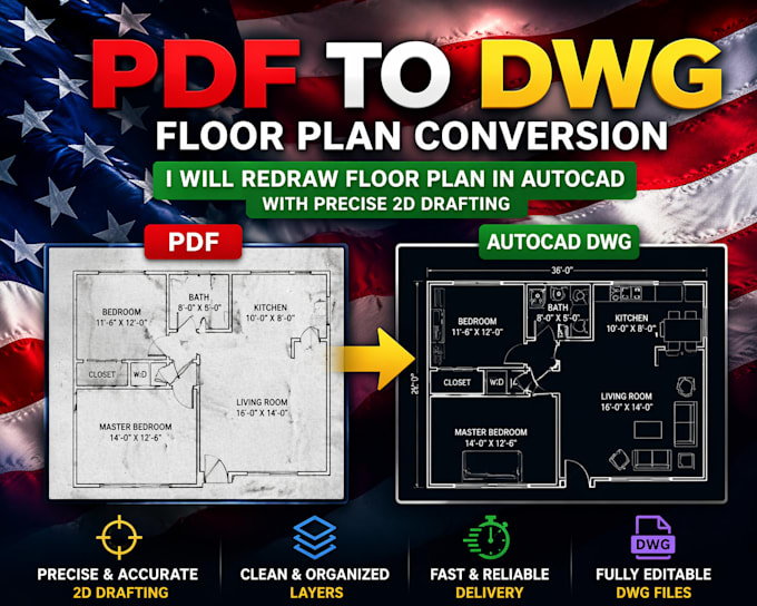 redraw floor plans in autocad and convert PDF to dwg with precise 2d drafting