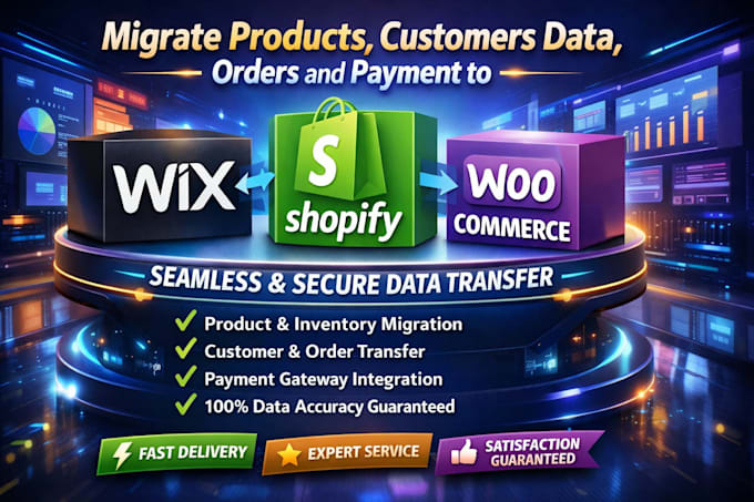 migrate products, customers data, orders, payment to wix shopify, woocommerce