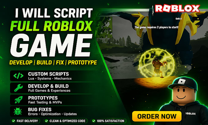 script full roblox game, make develop roblox creation, build prototype, fix bug