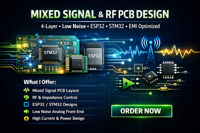 develop mixed signal rf pcb design, 4 layer esp32 stm32 low noise iot sensor