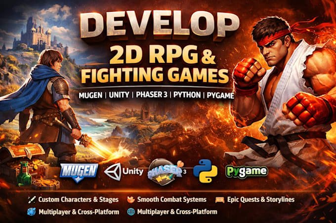 develop 2d rpg fighting video game in mugen, unity, phaser3, python, pygame