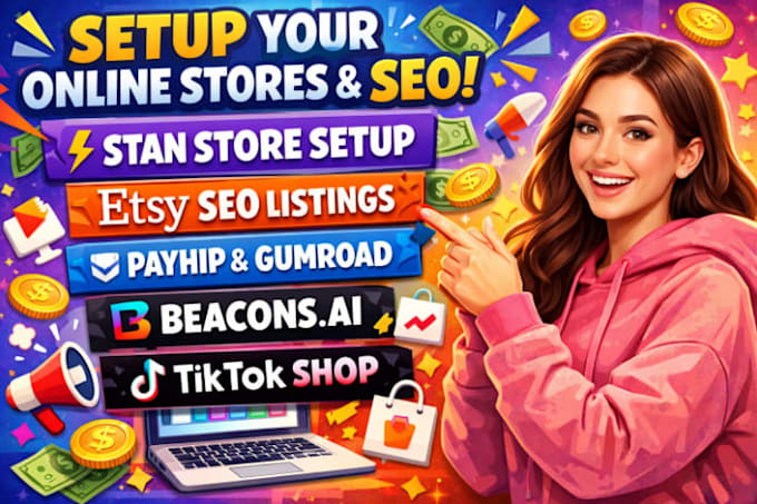 setup stan store, etsy seo listing, payhip, gumroad