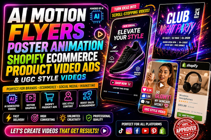 create ai motion flyers poster animation shopify ecommerce product video ads ugc