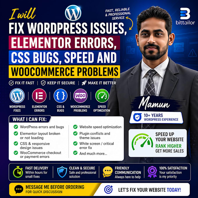 fix wordpress issues, elementor errors, css bugs, speed and woocommerce problems