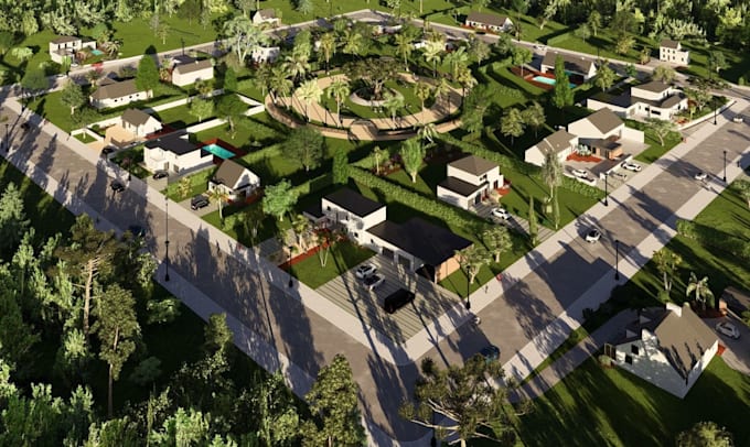 render 3d residential complex,cgi farmhouse courtyard,rural property walkthrough