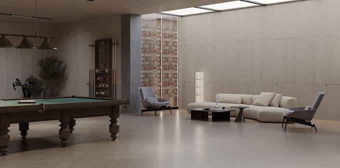 upgrade3d cgi basement interior,gym area,TV unit decor,sitting layout,bar render