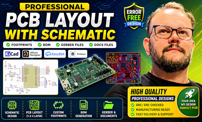 design pcb layout with schematic, footprints, bom, gerber files, docs files