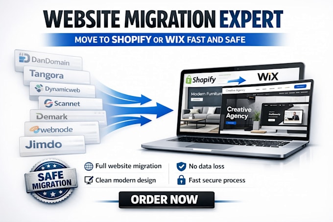 migrate dandomain tangora dynamicweb scannet demark builder to shopify wix exper