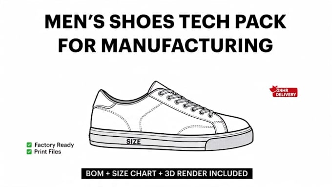 create men shoes design techpack and render for manufacture bom size chart
