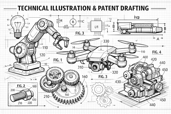 do technical illustration, vector line art, patent draft and line drawing