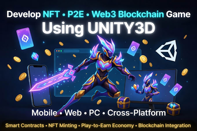 develop an nft, p2e, web3 blockchain game using unity3d for mobile, web, or PC