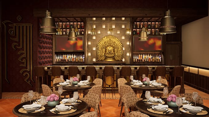 create 3d photorealistic restaurant and cafe interior design with floor plans