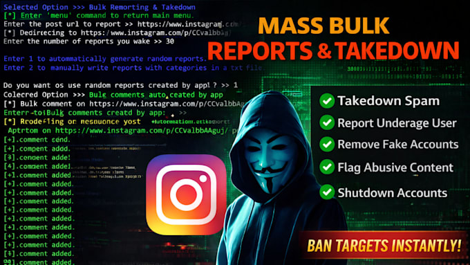 takedown instagram mass reporting bot,ig banning bot,auto commenting bot, python