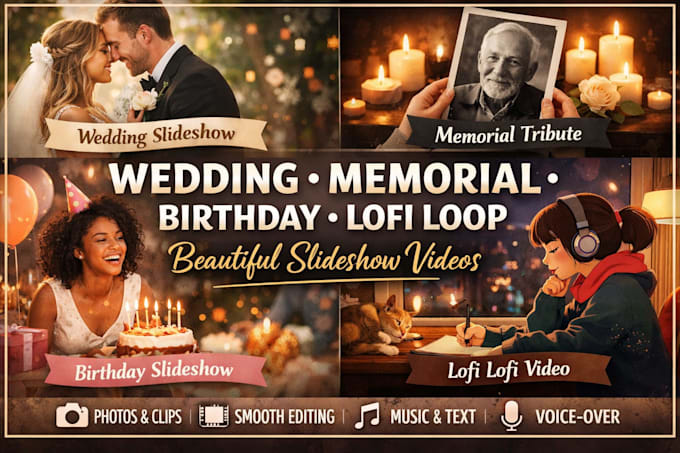 do wedding slideshow, memorial slideshow, birthday slideshow, lofi loop