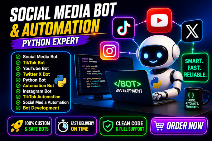 develop social media bot, twitter x bot, tiktok bot, instagram bot, youtube bot