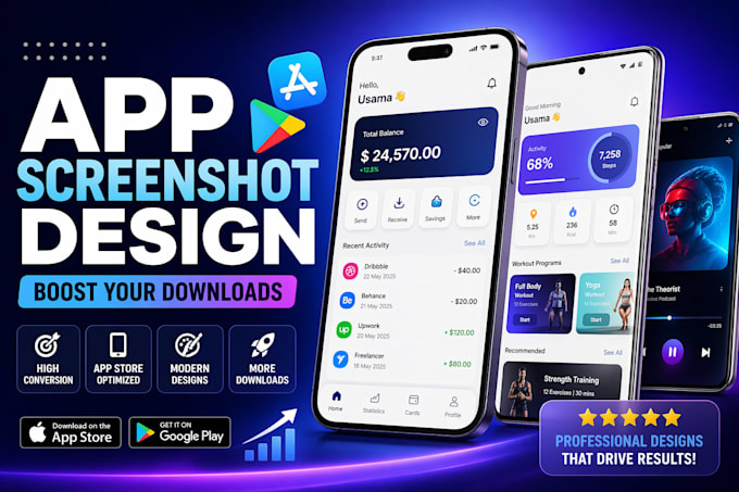 design app screenshots, play store or app store screenshots