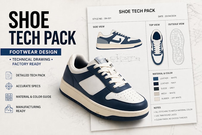 create shoe tech pack footwear design sneakers technical drawing