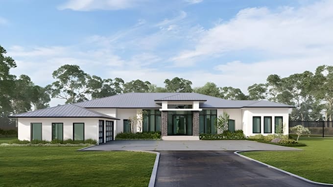 render single story realestate house,stucco facade design,cgi interior rendering