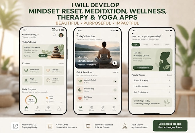 develop mindset reset app, meditation app, wellness app, therapy app, yoga app