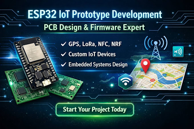 develop iot prototypes with pcb design, esp32, gps, lora, nfc and nrf wifi ble
