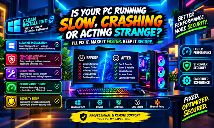 repair, install windows, optimize pc, remove malware virus, cleanup disk, obs