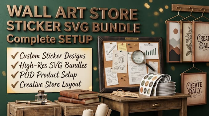 build wall art store, sticker svg bundle and pod product setup