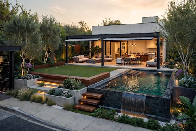 design 3d modern garden, frontyard, backyard, landscape rendering, patio layout