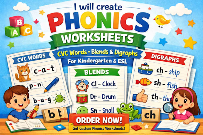 create phonics worksheets cvc words blends and digraphs for kindergarten and esl